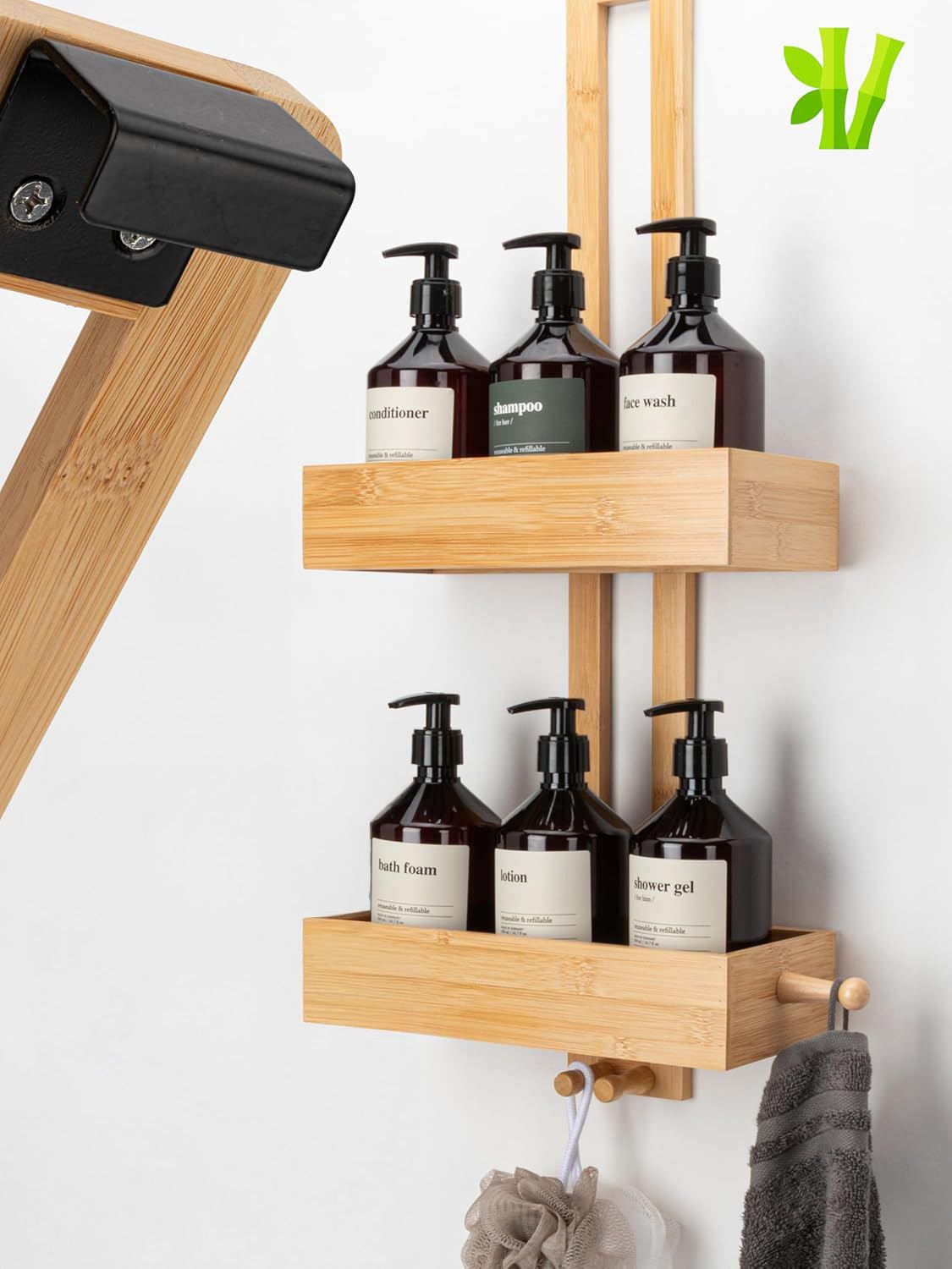 Duschregal hängend Bambus zum Hängen ohne Bohren Duschkorb Duschablage Bad Holz Shampoo Organizer