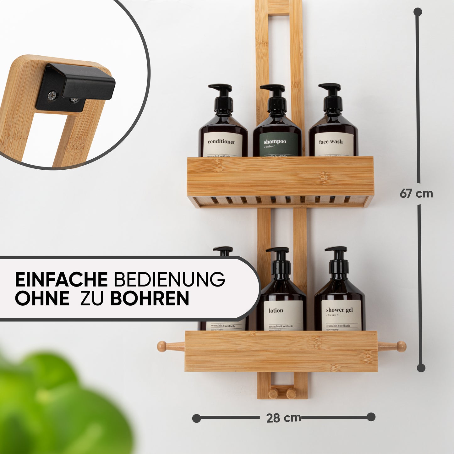 Duschregal hängend Bambus zum Hängen ohne Bohren Duschkorb Duschablage Bad Holz Shampoo Organizer