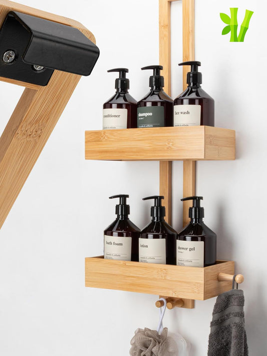 Duschregal hängend Bambus zum Hängen ohne Bohren Duschkorb Duschablage Bad Holz Shampoo Organizer