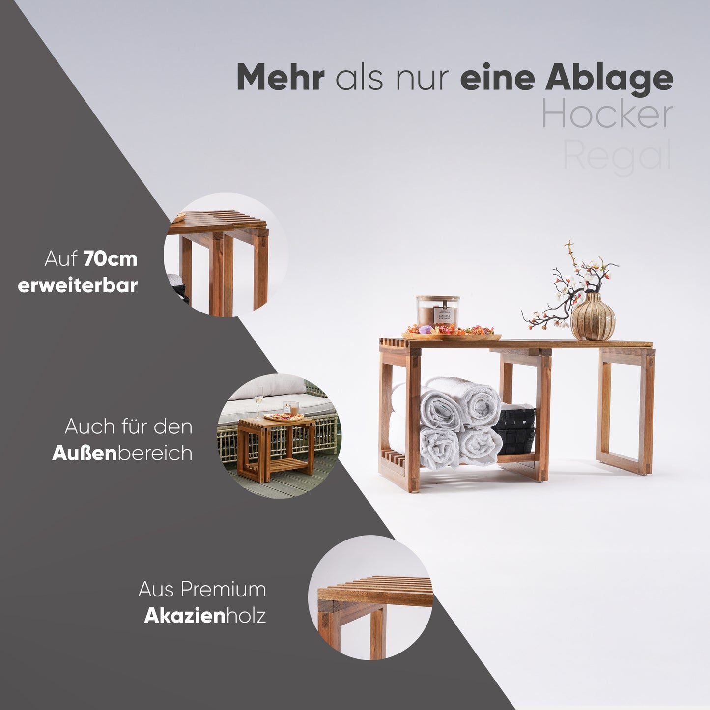 Ausziehbarer Duschhocker aus Akazienholz - Hocker, Bank & Beistelltisch aus Holz - vielseitig - outdoor - indoor