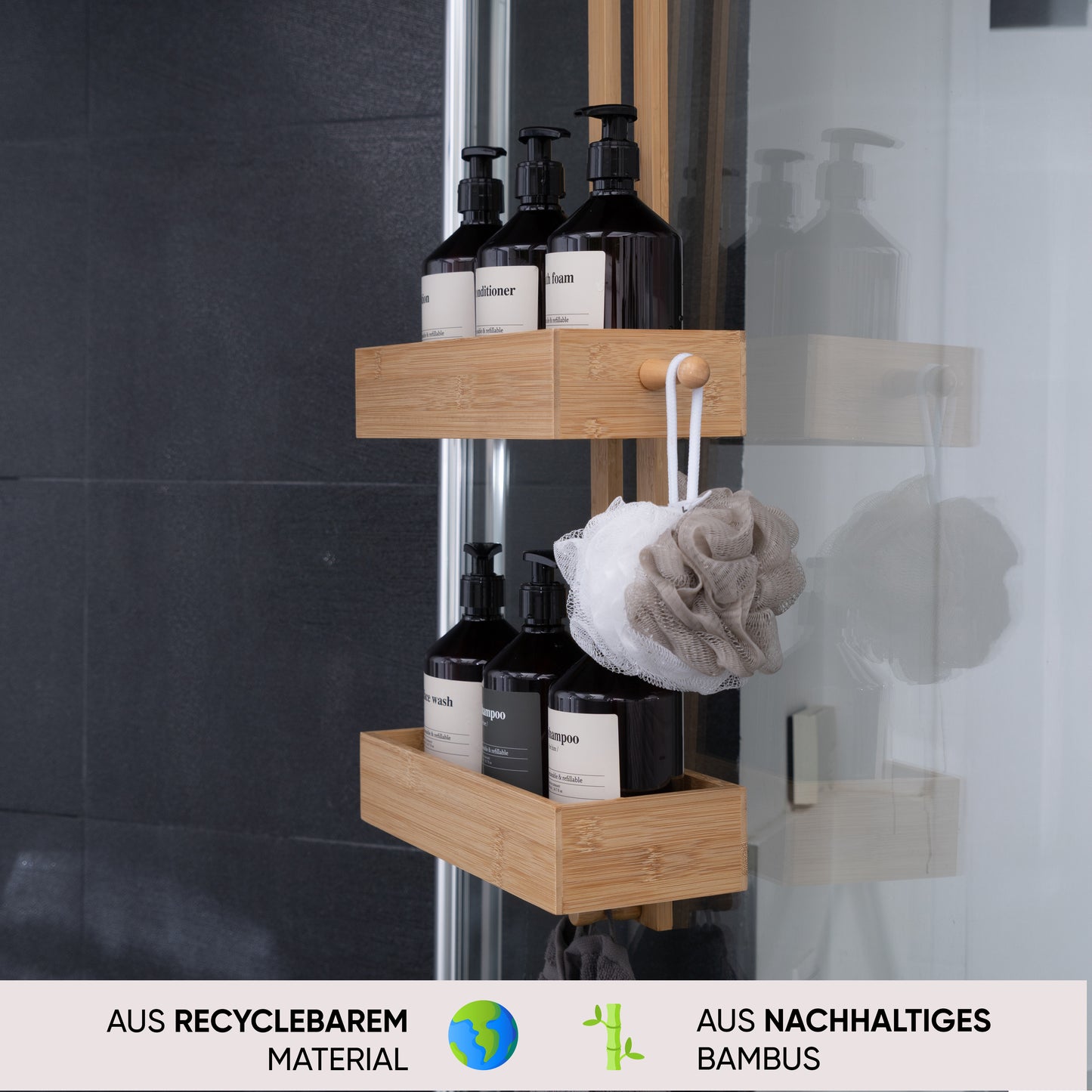 Duschregal hängend Bambus zum Hängen ohne Bohren Duschkorb Duschablage Bad Holz Shampoo Organizer