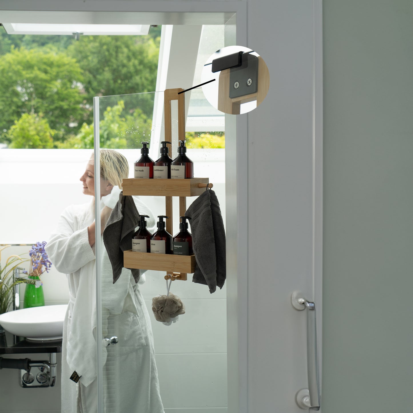 Duschregal hängend Bambus zum Hängen ohne Bohren Duschkorb Duschablage Bad Holz Shampoo Organizer